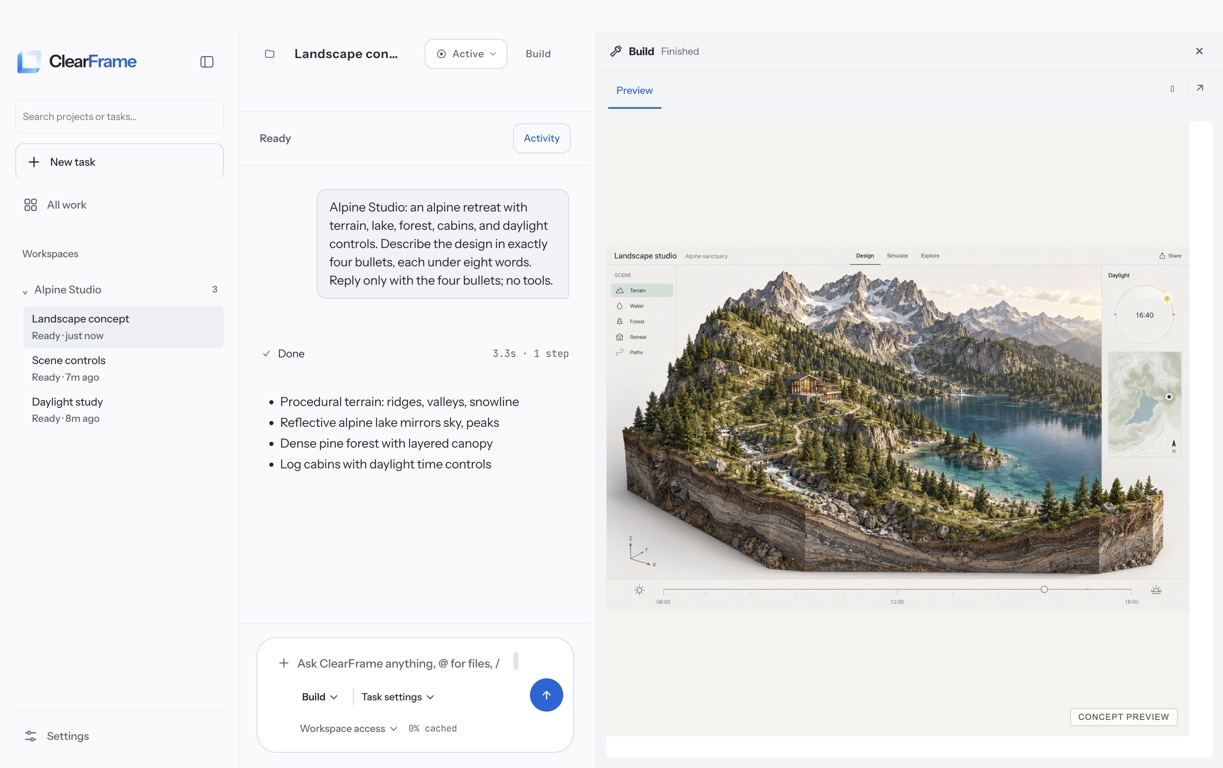 ClearFrame showing Alpine Studio tasks, a design conversation, and an alpine landscape concept in Preview